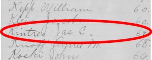 Excerpt of page 17 of the Record of Coroner's Investigations. The words "Kintrea, Jas. C. 62" are circled.