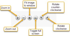 Icons that appear for image files. Options are to zoom in, zoom out, fit image to window, toggle full screen, rotate counterclockwise, and rotate clockwise.