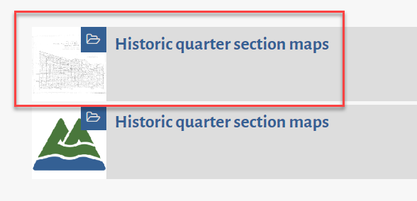 Results from search in Step 1 with rectangle around "Historic quarter section maps" folder with map thumbnail.