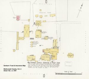 Close-up of Sandborn Trust & Insurance Map, 1909 showing arrangement of buildings on Hillside Farm.